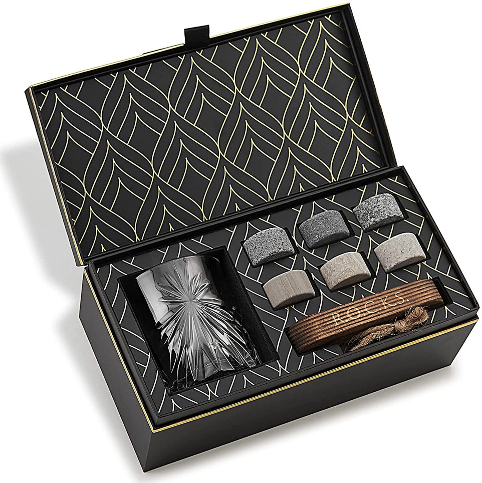 The Connoisseur's Set – Palm-Cut Whiskey Glass & Granite Stones Gift Box