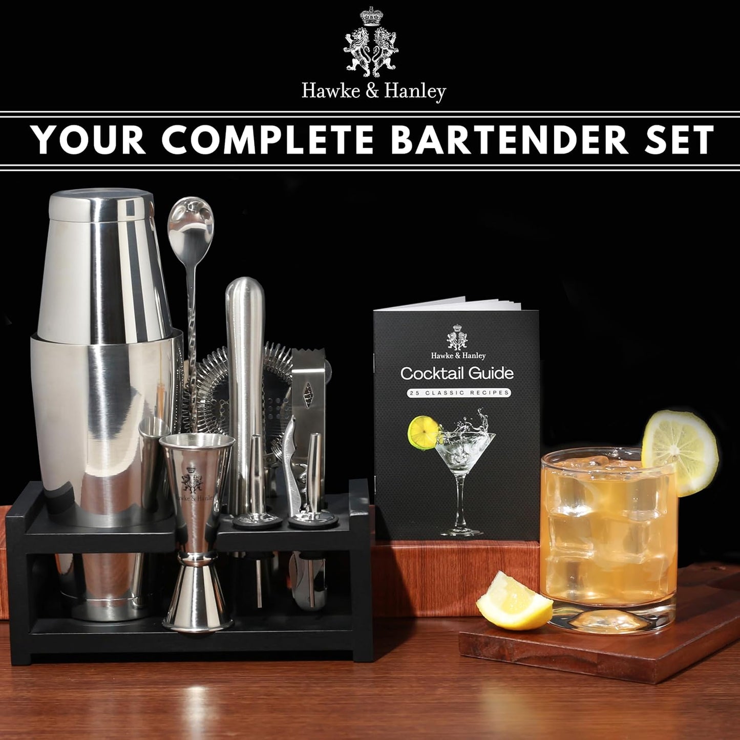 Professional 12-Piece Silver Cocktail Shaker Set with Black Accents