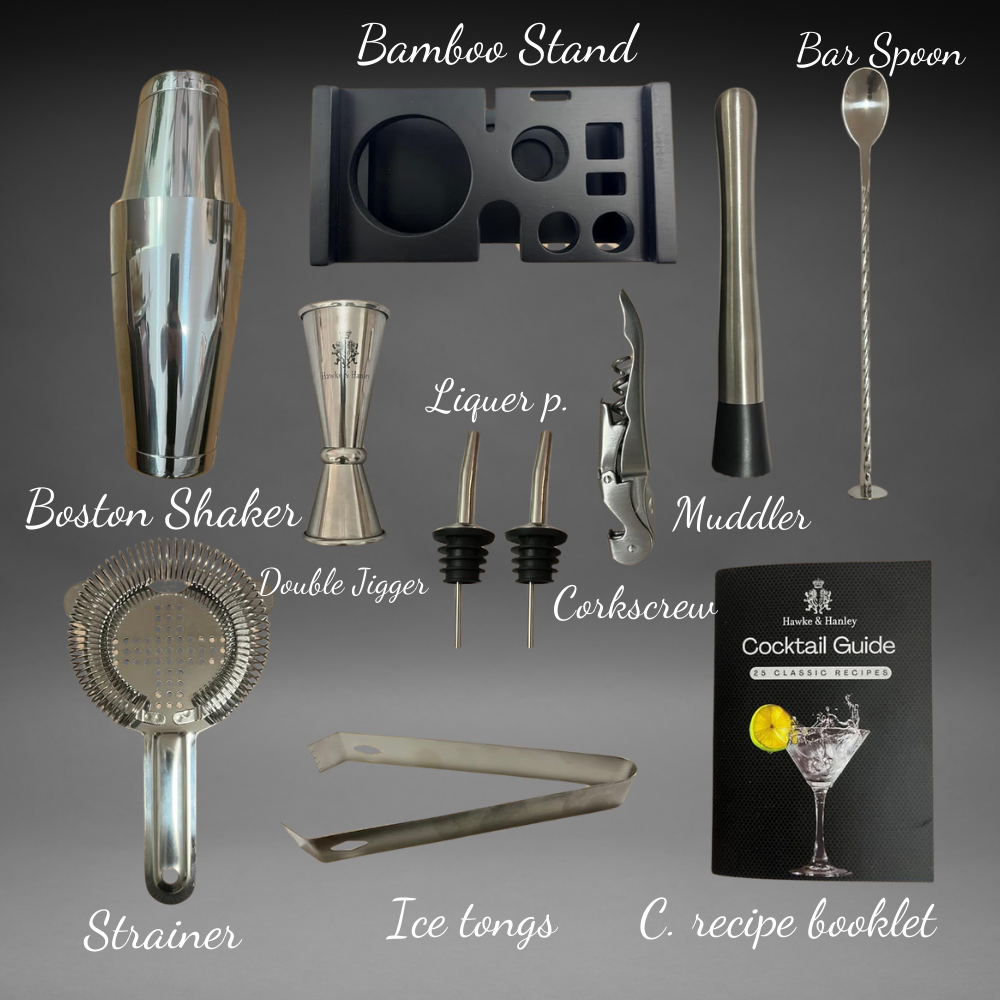 Professional 12-Piece Silver Cocktail Shaker Set with Black Accents