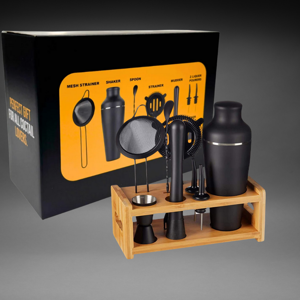 Matte Black Cocktail Shaker Set with Bamboo Stand (9-Piece)