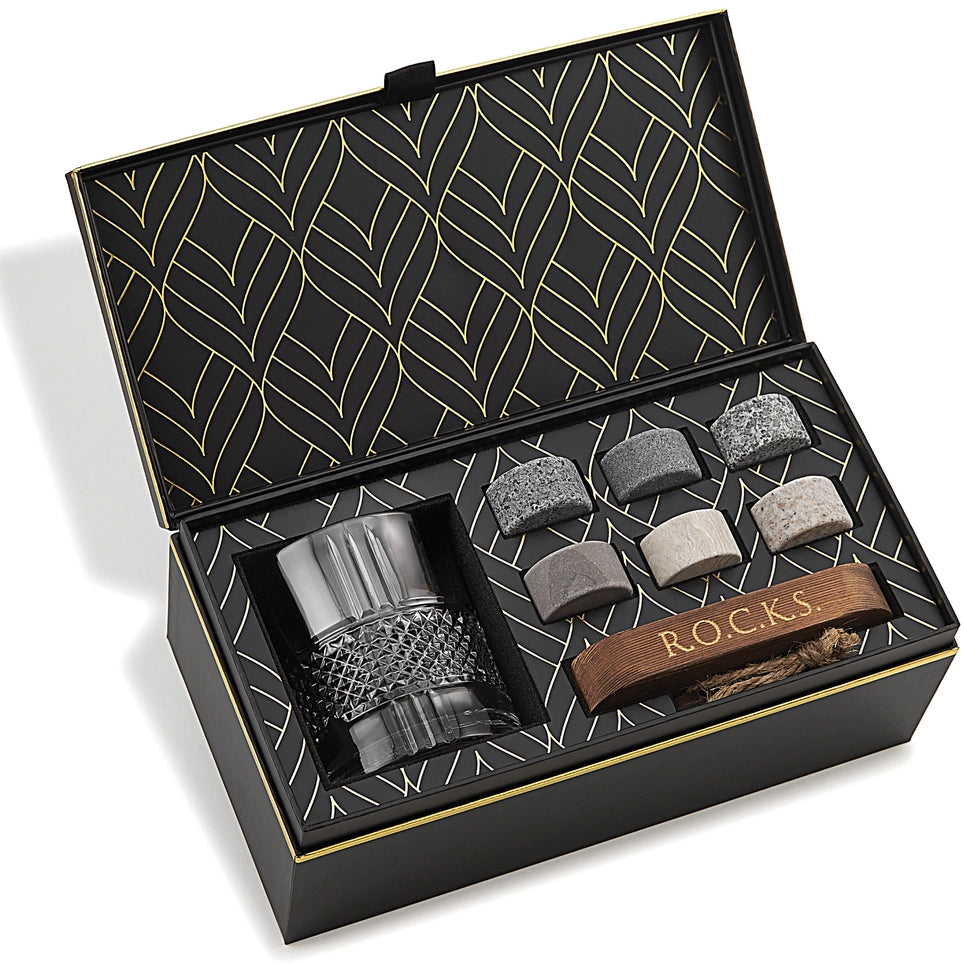 The Connoisseur's Set – Textured Whiskey Glass & Granite Stones Gift Box