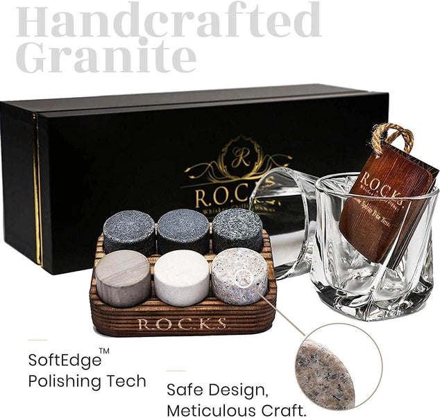 The Connoisseur's Set – Whiskey Glasses & Granite Stones (Wave Cut)