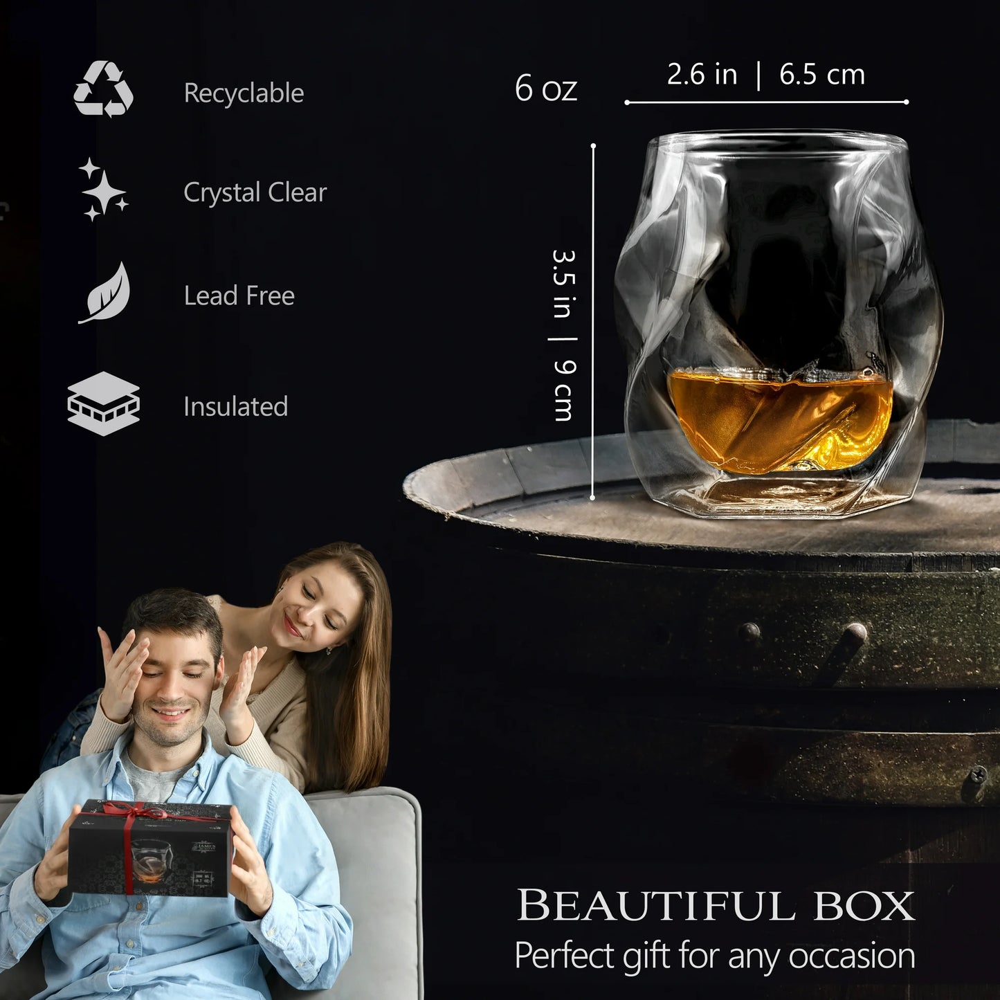 Aurora Crystal Whiskey Glass Set – 4 Double-Wall Tumblers
