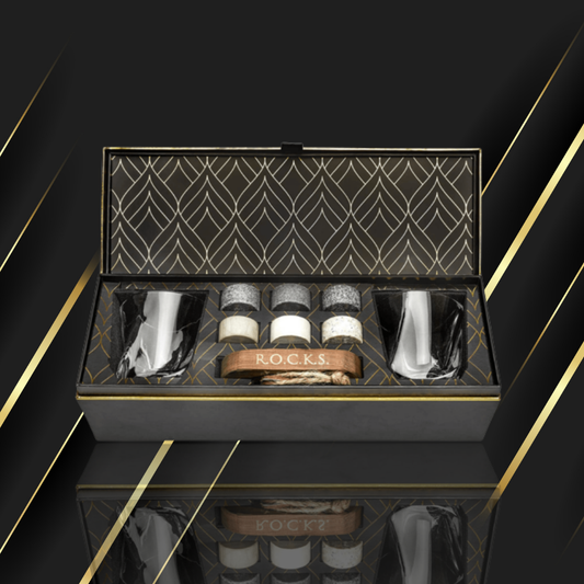 The Connoisseur's Set – Whiskey Glasses & Granite Stones (Wave Cut)