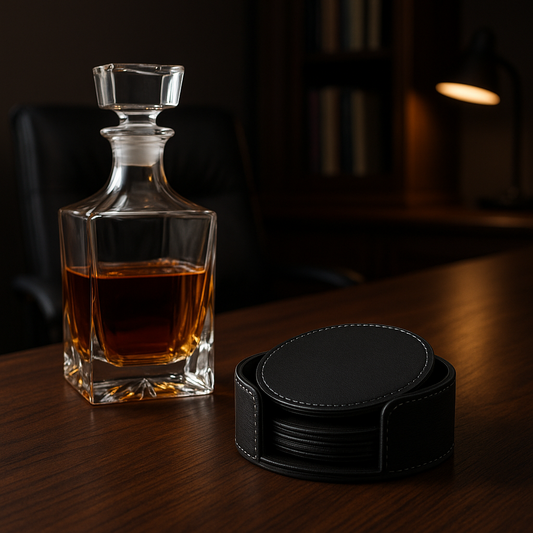 Black PU Leather Coaster Set with Holder (6pcs)