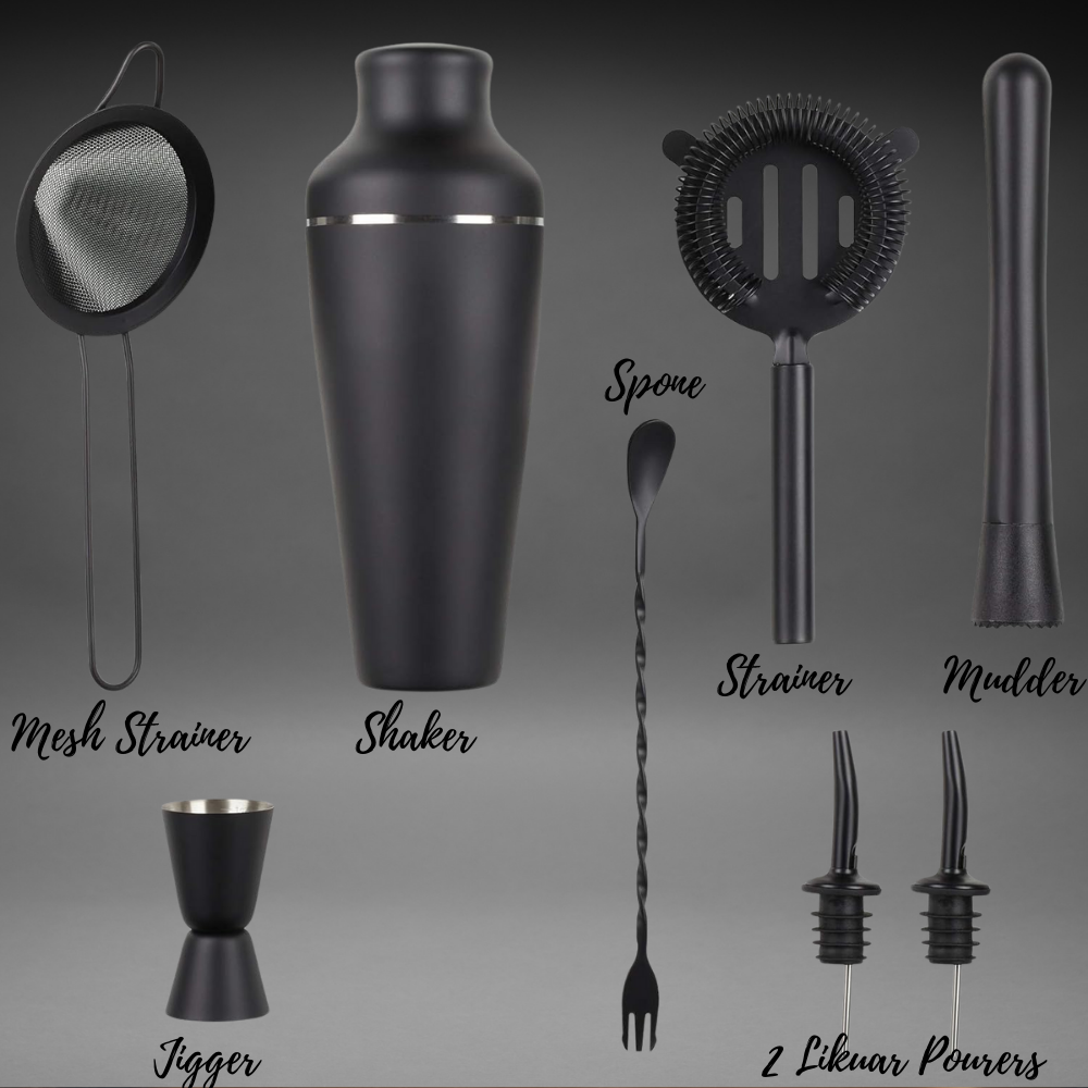 Matte Black Cocktail Shaker Set with Bamboo Stand (9-Piece)