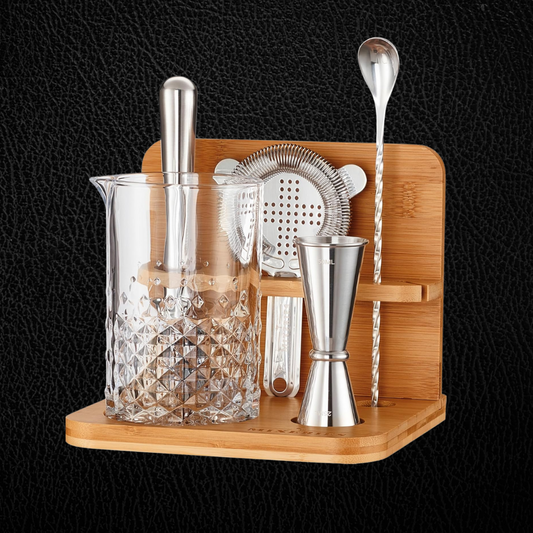 Crystal Cocktail Mixing Glass Set with Silver Tools & Bamboo Base