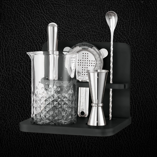 Crystal Cocktail Mixing Glass Set with Black & Silver Tools