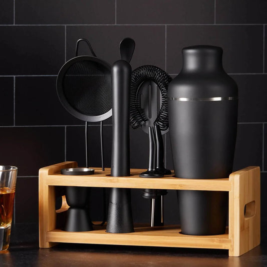 Matte Black Cocktail Shaker Set with Bamboo Stand (9-Piece)